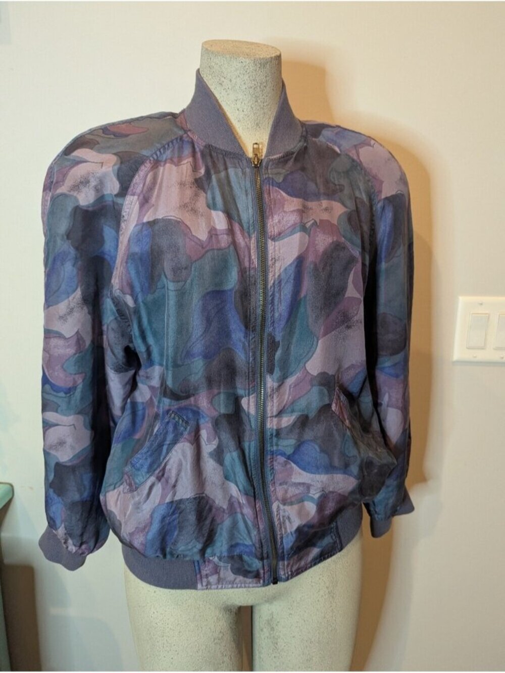 Vintage 80s Purple & Blue Silk Abstract Hip Hop Bomber Jacket Swag Sz Medium